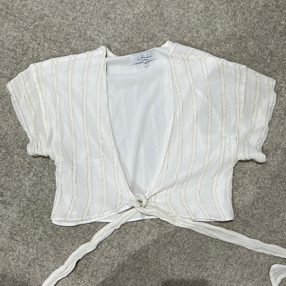 L’Academie White and gold crop top